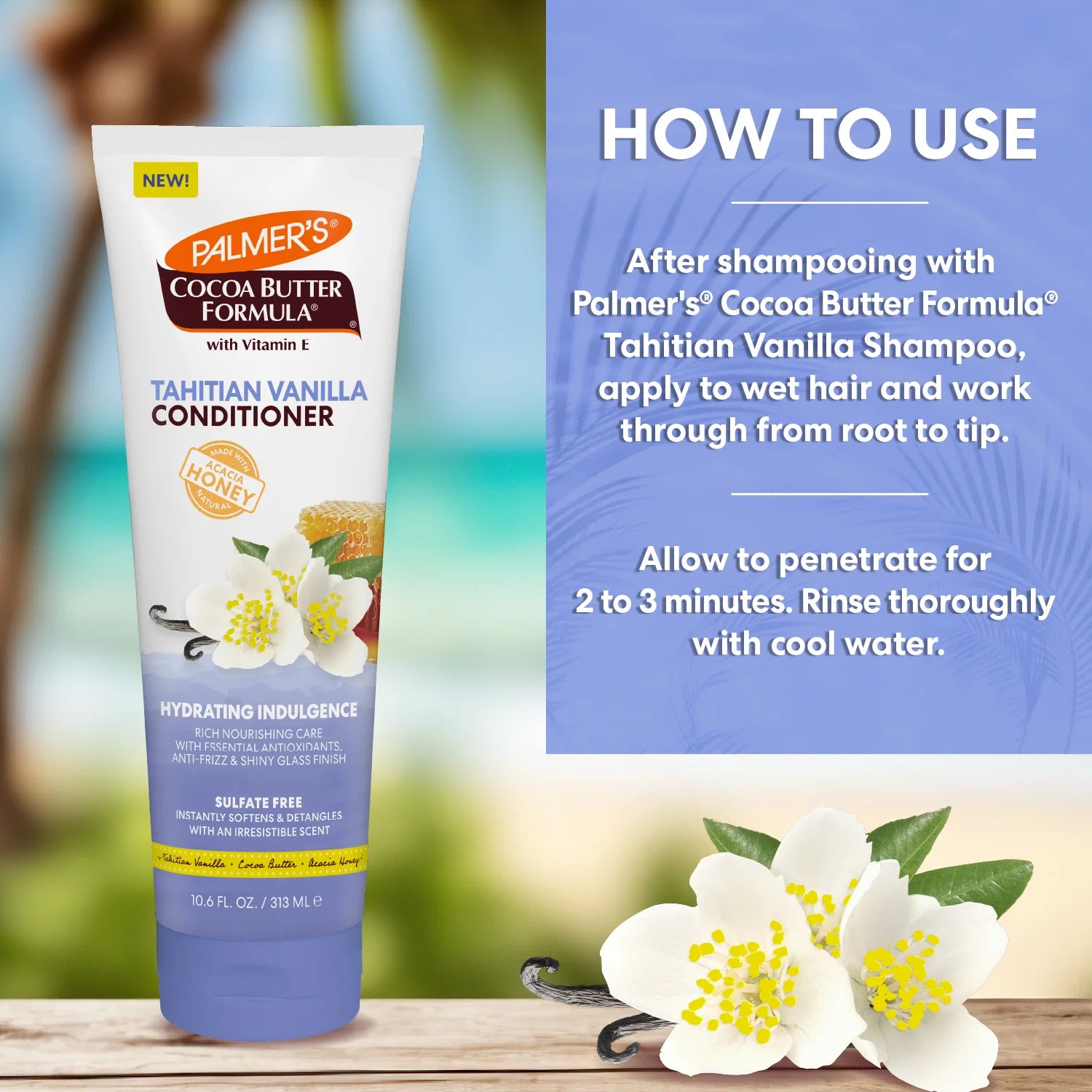 Palmer's Cocoa Butter Formula Tahitian Vanilla Conditioner with usage instructions and vanilla flowers.