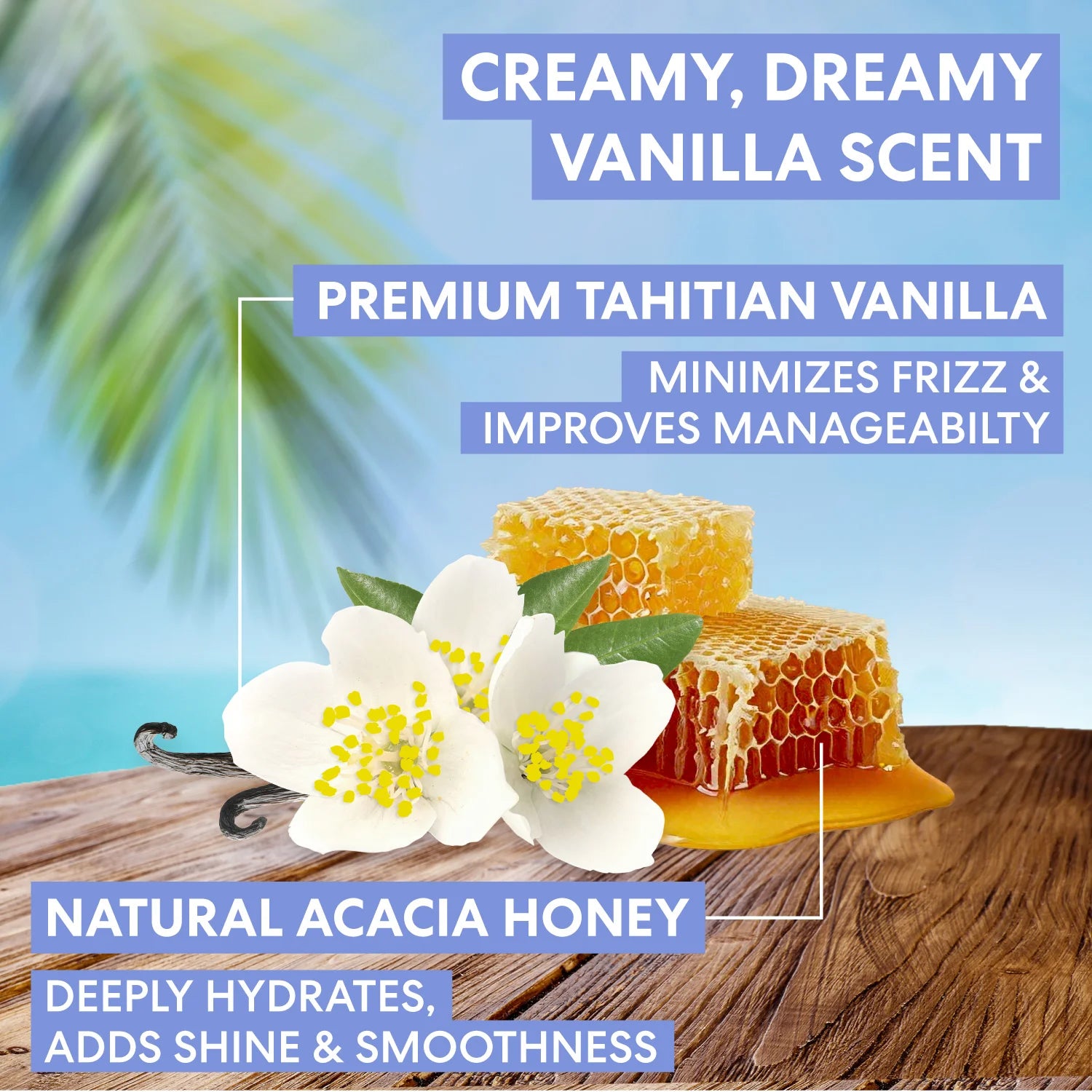 Vanilla beans, honeycomb, and flowers with text about vanilla scent and honey benefits on a wooden surface.