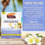 Palmer's Cocoa Butter Formula Tahitian Vanilla Hydra Gloss Pack with usage instructions on a wooden surface.