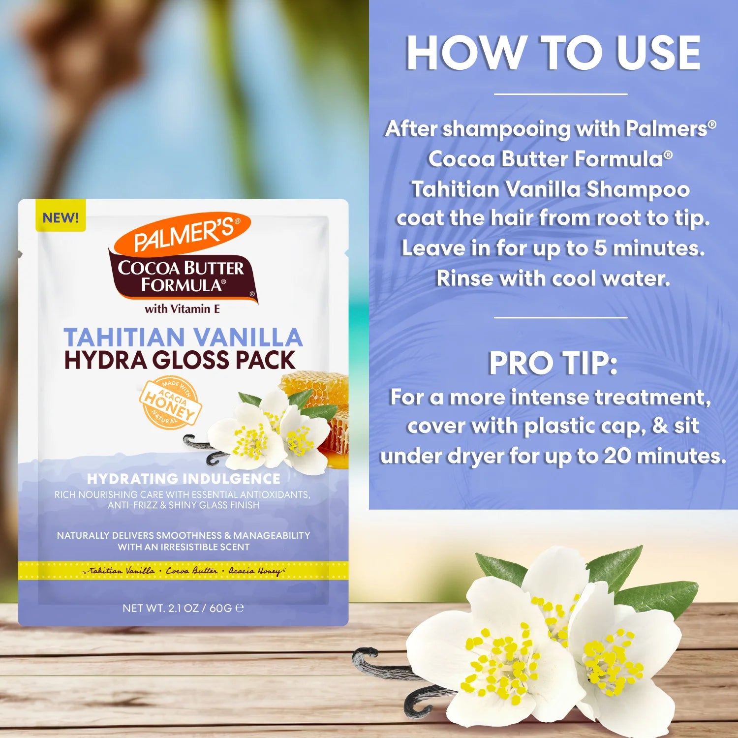 Palmer's Cocoa Butter Formula Tahitian Vanilla Hydra Gloss Pack with usage instructions on a wooden surface.
