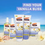 Palmer's Cocoa Butter Formula Tahitian Vanilla products on a beach with text 'Find Your Vanilla Bliss'.