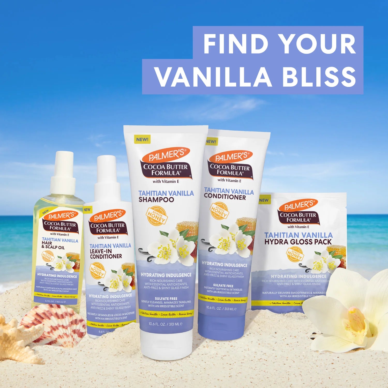 Palmer's Cocoa Butter Formula Tahitian Vanilla products on a beach with text 'Find Your Vanilla Bliss'.