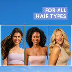 Three women with different hair types on a blue background with text 'FOR ALL HAIR TYPES'.