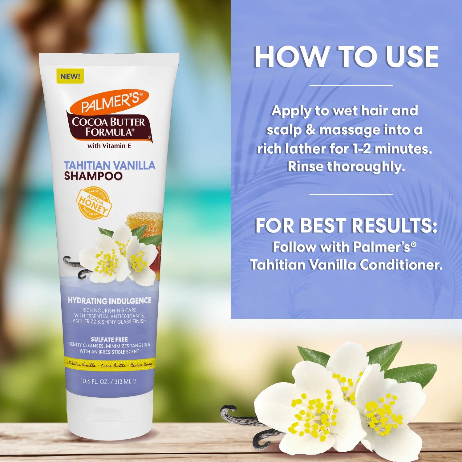  Palmer's Cocoa Butter Formula Tahitian Vanilla Shampoo tube with usage instructions and vanilla flowers.
