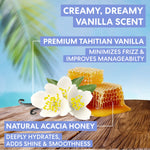 Vanilla beans, honeycomb, and vanilla flowers with text about vanilla scent and honey benefits on a wooden surface.