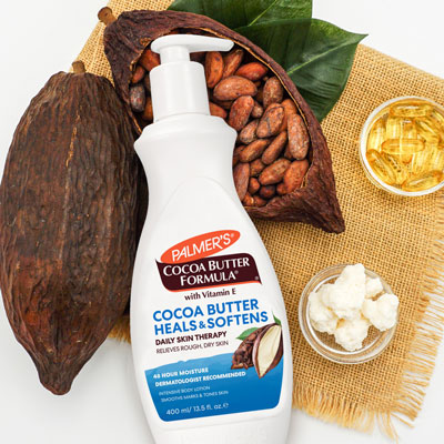 Palmer's Cocoa butter, good for eczema, with cocoa pods, cocoa beans and cocoa butter chunks